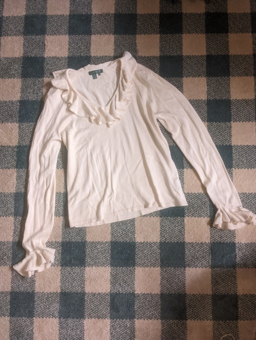 Ralph Lauren Silk Cashmere Blend Cream Ruffled V-Neck Long-Sleeve Knit Sweater